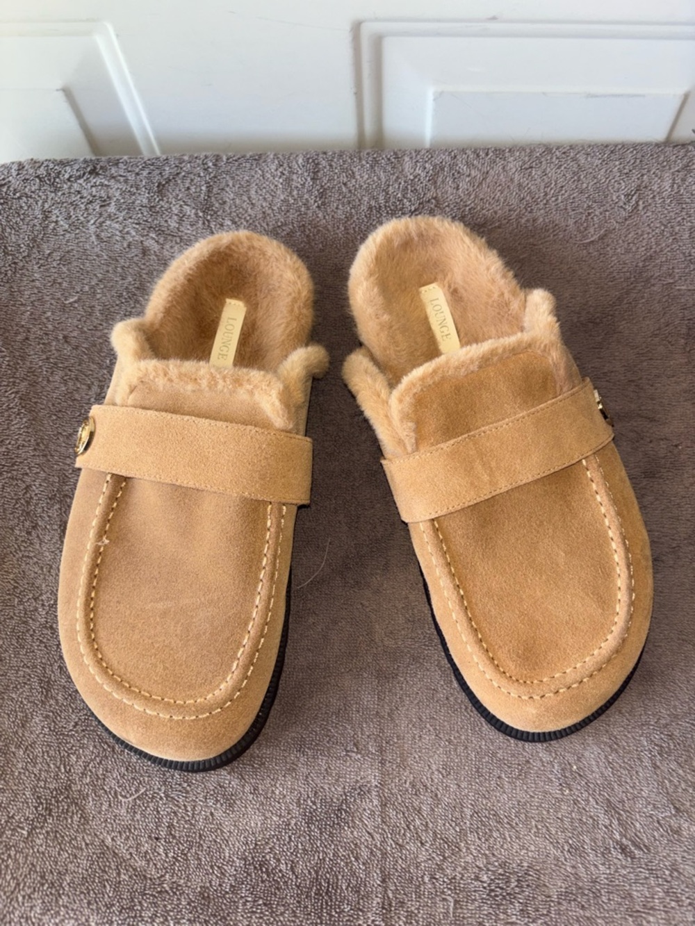 Lounge Amara tan suede faux fur lined mules size 39 EU 8.5 US